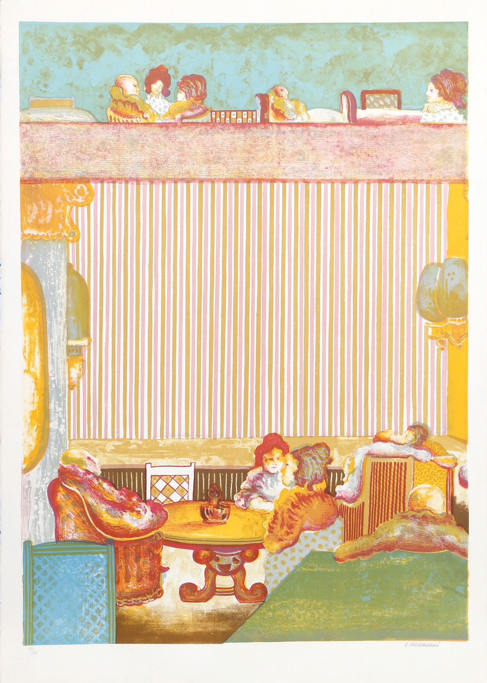 Elie Abrahami, Conversation, Lithograph: Artist: Elie Abrahami, Iranian (1941 - ) Title: Conversation Medium: Lithograph, signed and numbered in pencil Edition: 90/100 Image Size: 25.5 x 18.5 inches Size: 29 x 20 in. (73.66 x 50.8 cm)