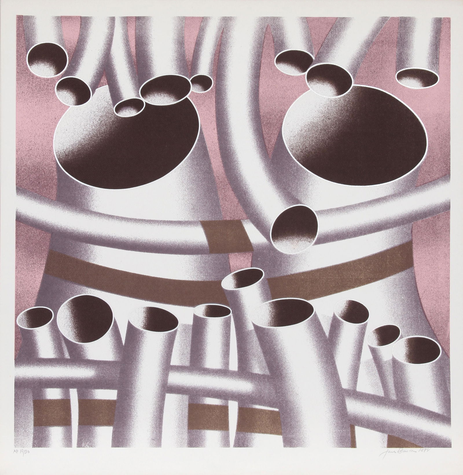 Jack Brusca, Pipes, Screenprint: Artist: Jack Brusca, American (1939 - 1993) Title: Pipes Year: 1978 Medium: Screenprint, signed and numbered in pencil Edition: 200, AP 30 Image Size: 24 x 24 inches Size: 26 in. x 25 in. (66.04 cm x