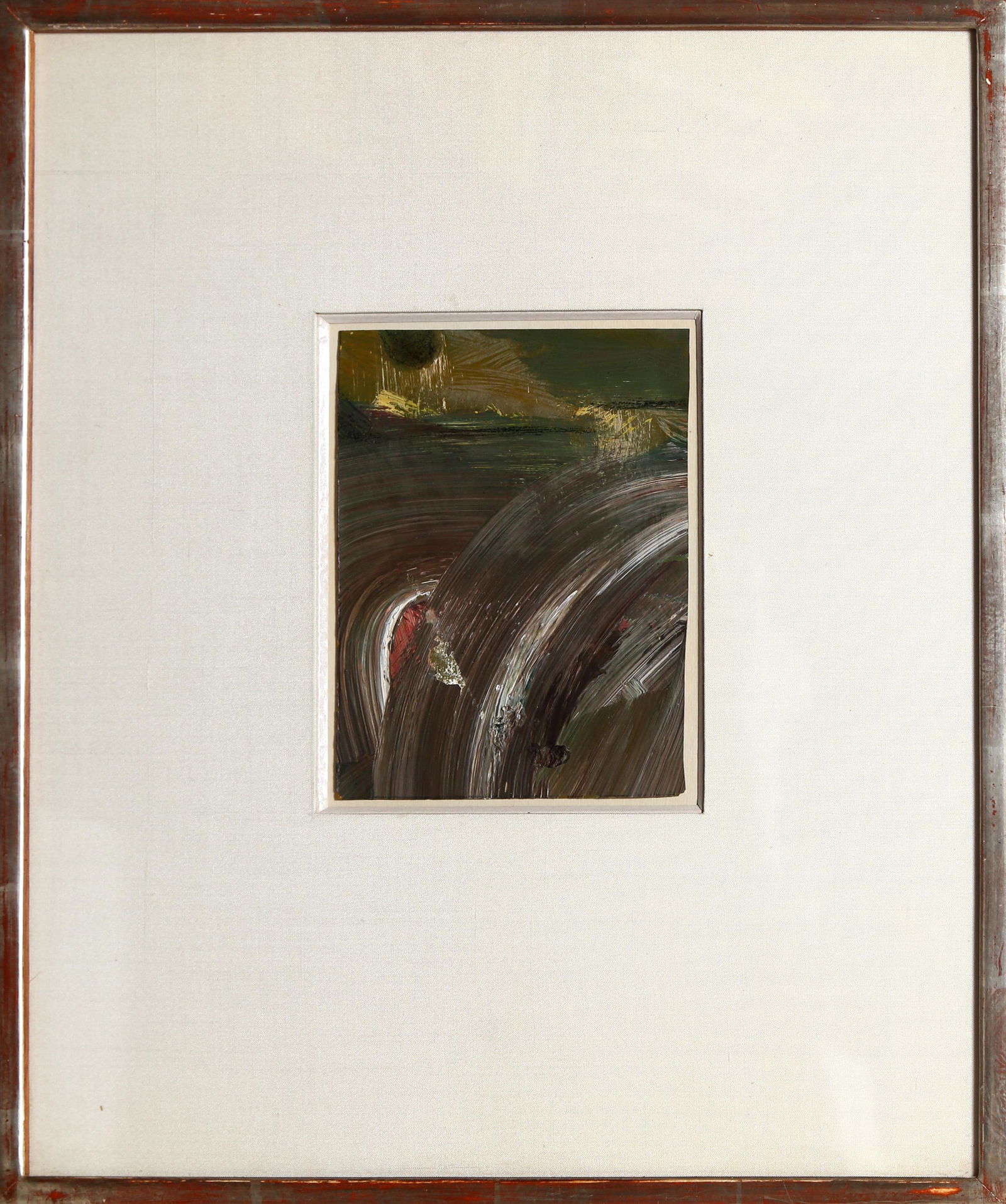 Lawrence Calcagno, Abstract, Oil Painting: Artist: Lawrence Calcagno, American (1913 - 1993) Title: Abstract Year: 1963 Medium: Oil on Paper and dated verso Size: 6.5 x 4.75 in. (16.51 x 12.07 cm) Frame Size: 17 x 14 inches Lawrence Calcagno w