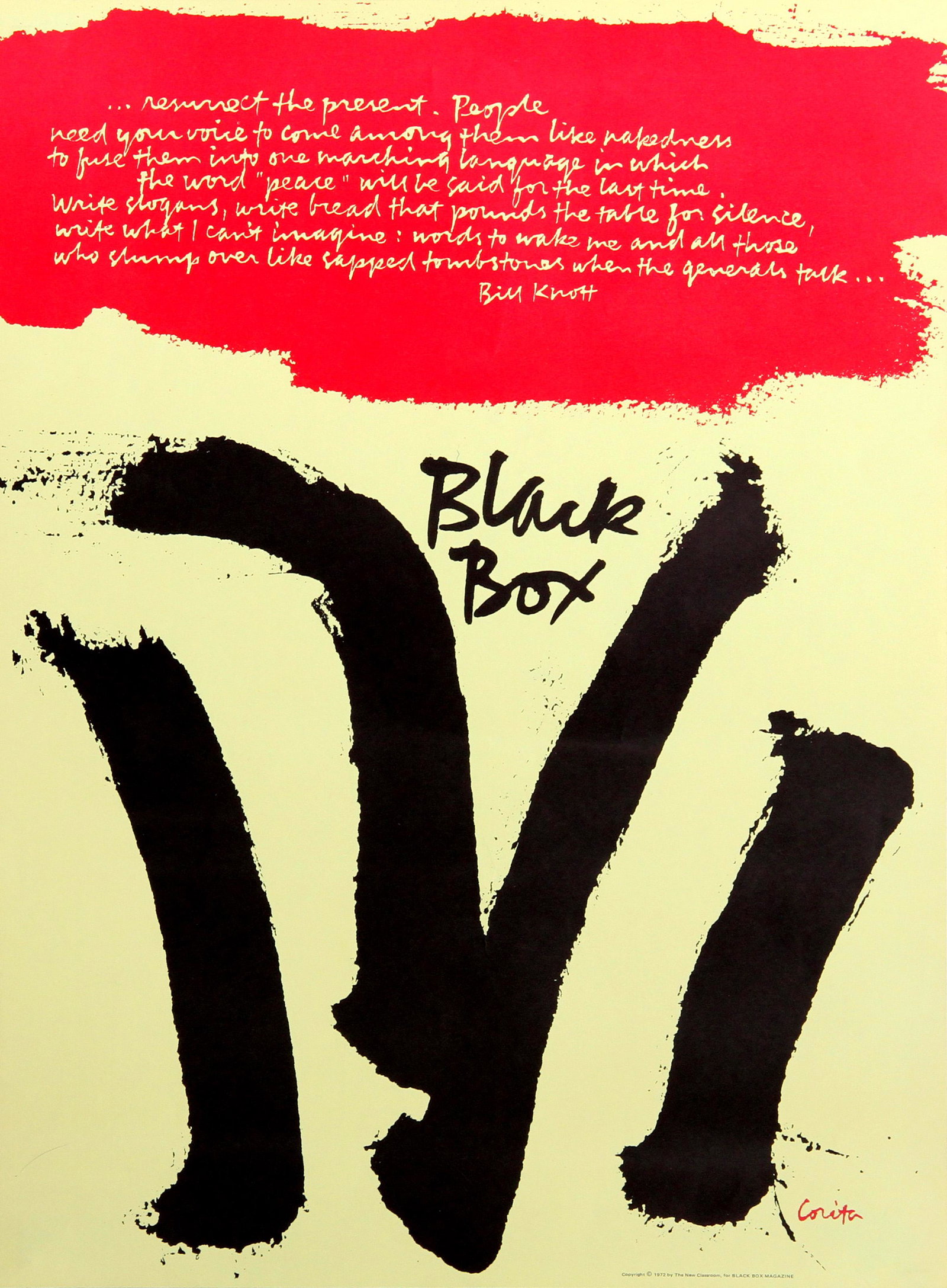 Sister Mary Corita Kent, Black Box, Poster: Artist: Sister Mary Corita Kent (1918 - 1986) Title: Black Box Year: 1972 Medium: Poster Size: 23 x 17 in. (58.42 x 43.18 cm)