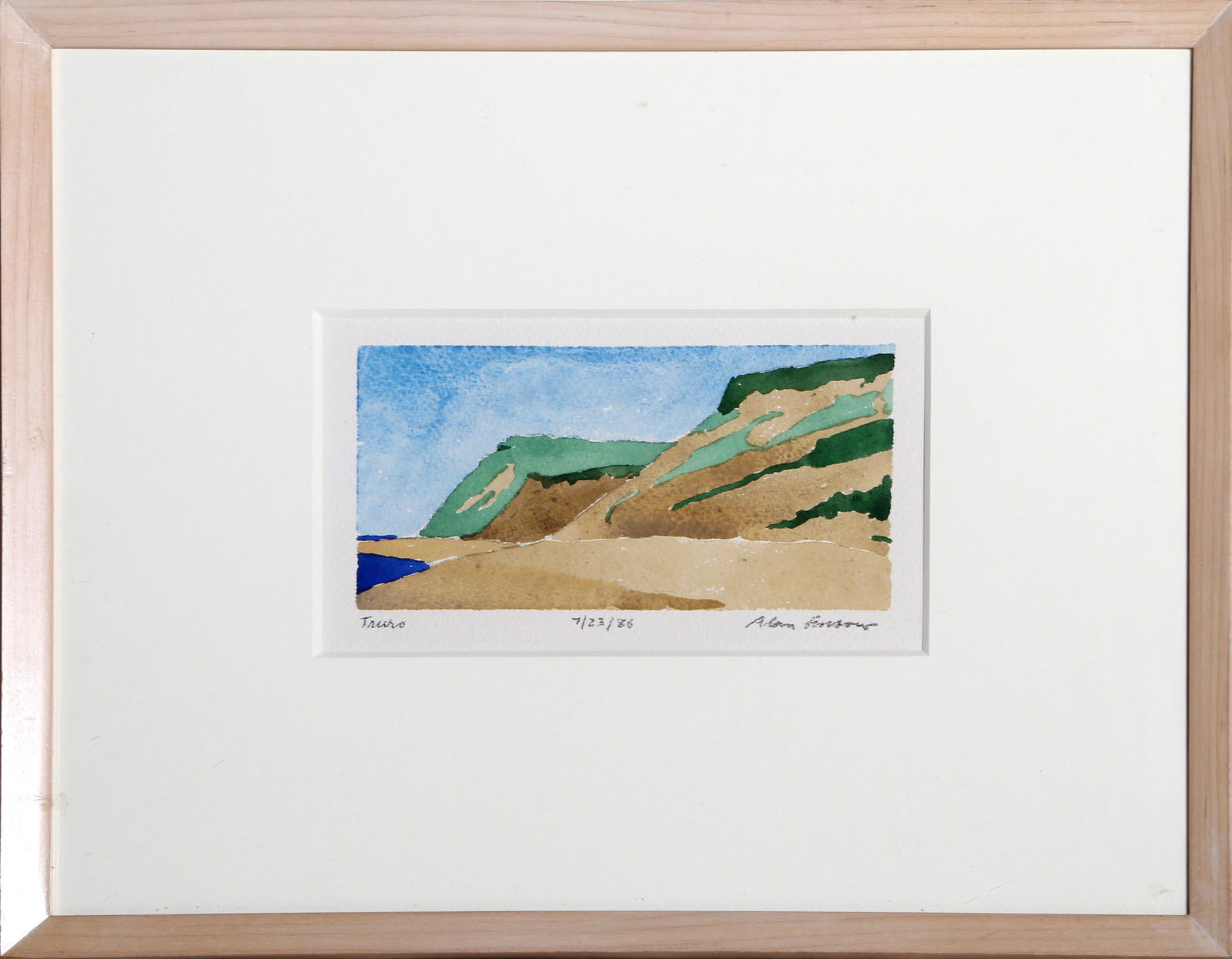 Alan Gussow, Truro, Watercolor Painting: Artist: Alan Gussow, American (1931 - 1997) Title: Truro Year: 1986 Medium: Watercolor on paper signed, titled, and dated in pencil Image Size: 4 x 7.5 inches Frame Size: 14 x 17 inches Watercolor pai