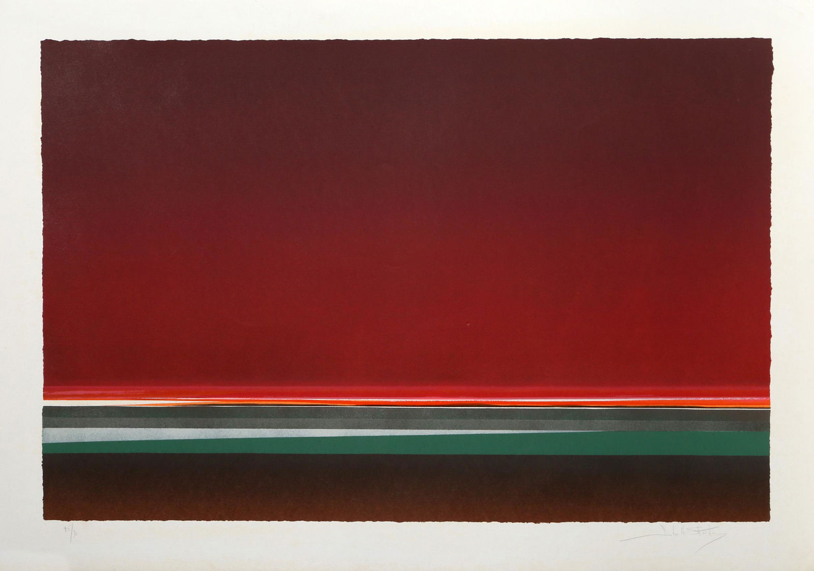John Stritch, Red Sky, Screenprint: Artist: John Stritch, American (1925 - 2014) Title: Red Sky Year: circa 1980 Medium: Screenprint, signed and numbered in pencil Edition: 45/90 Image Size: 22 x 33 inches Size: 26.5 x 37 in. (67.31 x 9