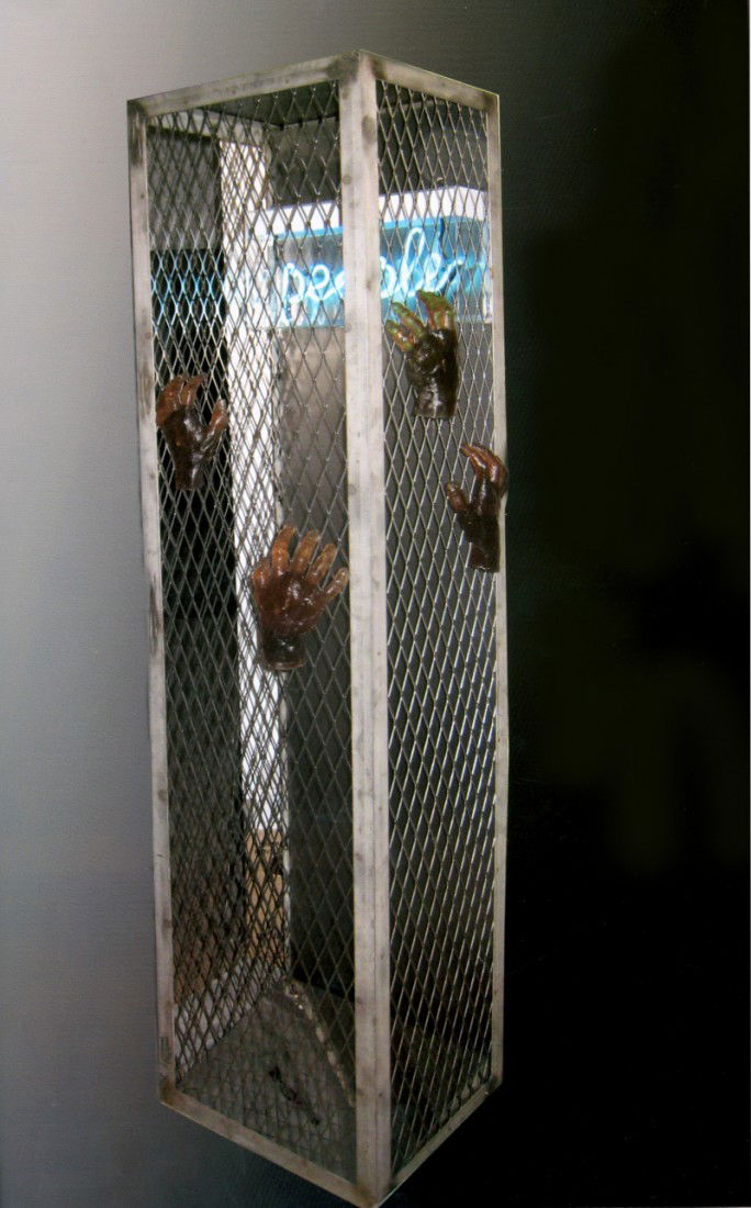 Federica Marangoni, Urban Cage, Mixed Media Sculpt: Artist: Federica Marangoni, Italian Title: Urban Cage Year: 2007 Medium: Grid Iron Structure, Resin Hands, Blue Neon, Mirror Floor, signed Size: 78.75 in. x 15 in. x 15 in. (200.03 cm x 38.1 cm x 38.1