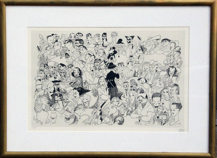 Al Hirschfeld, Movieland, Lithograph: Artist: Al Hirschfeld, American (1903 - 2003) Title: Movieland Year: 1984 Medium: Lithograph, signed and numbered in pencil Edition: 103/250 Image Size: 13 x 20.5 inches (sight) Frame Size: 21 x 29.5 