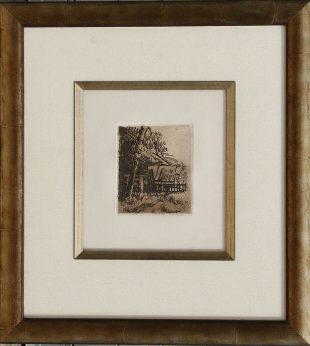 Paul Cezanne, Entree De Ferme, Etching: Artist: Paul Cezanne, French (1839 - 1906) Title: Entree De Ferme Year: 1873 Medium: Etching Image Size: 4.5 x 5 inches Frame Size: 18 x 19.5 inches