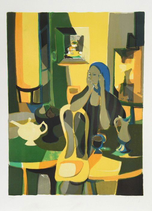Marcel Mouly, At the Cafe, Lithograph: Artist: Marcel Mouly, French (1918 - 2008) Title: At the Cafe Year: circa 1977 Medium: Lithograph, signed and numbered in pencil Edition: 147/225 Size: 29.5 in. x 21 in. (74.93 cm x 53.34 cm)