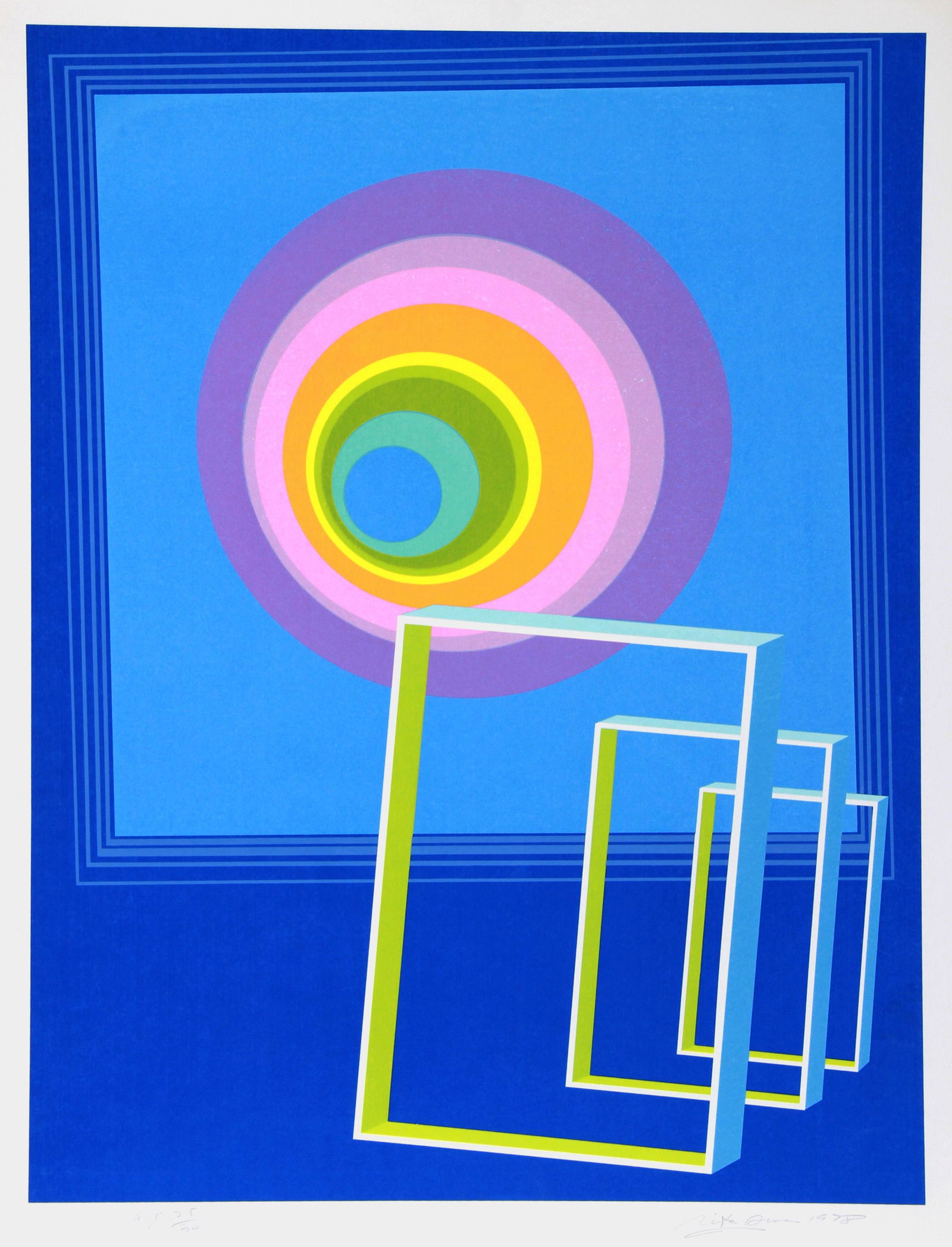 Rita Simon (aka Atirnomis), Spacescape, Silkscreen: Artist: Rita Simon (aka Atirnomis), American (1938 - ) Title: Spacescape Year: 1978 Medium: Silkscreen, signed and numbered in pencil Edition: 300, AP 30 Image Size: 32 x 24 inches Size: 36 in. x 26 i