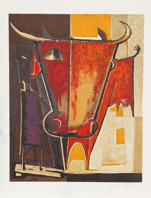Angel Botello, Nina y el Vaca, Lithograph: Artist: Angel Botello, Spanish/Puerto Rican (1913 - 1986) Title: Nina y el Vaca Year: circa 1970 Medium: Lithograph on Arches, Signed and numbered in pencil Edition: 14/150 Size: 30 in. x 21 in. (76.2