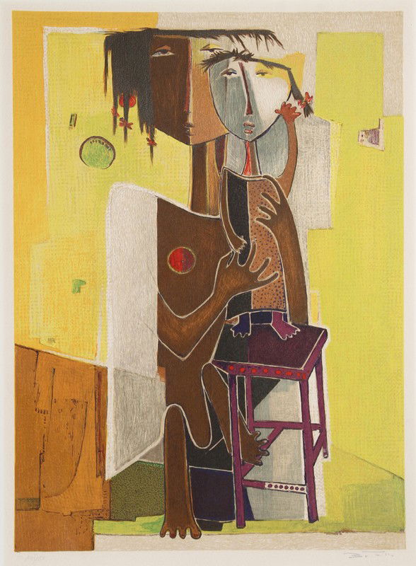 Angel Botello, Madre con hijo, Lithograph: Artist: Angel Botello, Spanish/Puerto Rican (1913 - 1986) Title: Madre con hijo Year: circa 1970 Medium: Lithograph on Arches, Signed and numbered in pencil Edition: 14/150 Image Size: 22.5 x 16.5 inc