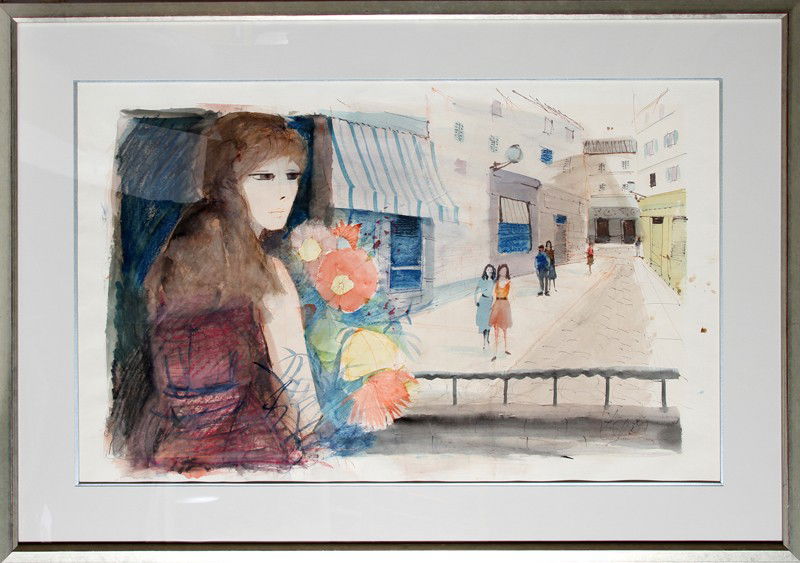 Charles Levier, Girl holding Flowers, Watercolor: Artist: Charles Levier, French (1920 - 2003) Title: untitled 4 (Girl holding Flowers) Year: circa 1970 Medium: Watercolor Image Size: 23 x 33.5 inches Size: 26 in. x 36 in. (66.04 cm x 91.44 cm) Frame