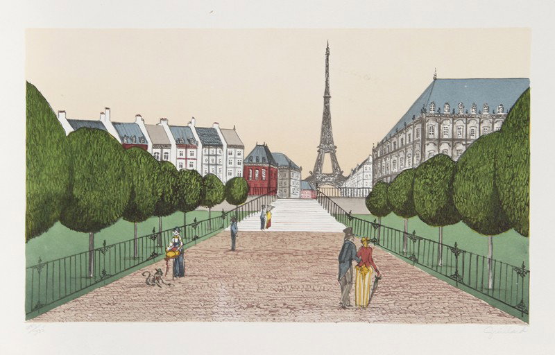Guillard, Eiffel Tower, Lithograph: Artist: Guillard, French Title: Eiffel Tower Medium: Lithograph, signed and numbered in pencil Edition: 249/275 Image Size: 10 x 17 inches Size: 13 in. x 20 in. (33.02 cm x 50.8 cm)