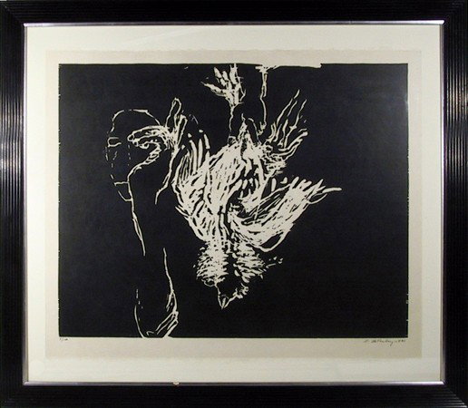 Susan Rothenberg, Dead Rooster #4, Woodcut: Artist: Susan Rothenberg, American (1945 - ) Title: Dead Rooster #4 Year: 1993 Medium: Woodcut, signed and numbered in pencil Edition: 5/100 Size: 23 in. x 31 in. (58.42 cm x 78.74 cm) Frame Size: 34 