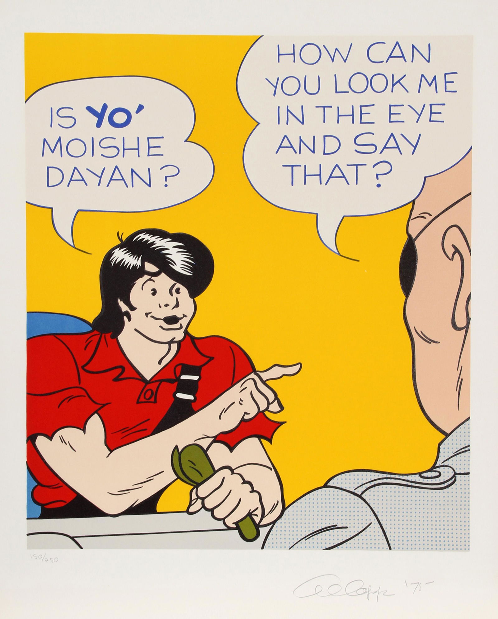 Al Capp, Moishe Dayan, silkscreen: Artist: Al Capp, American (1909 - 1979) Title: Moishe Dayan Portfolio: Year: 1975 Medium: silkscreen, signed and numbered in pencil Edition: 150/250 Image Size: Size: 29.5 in. x 23 in. (74.93 cm x 58.