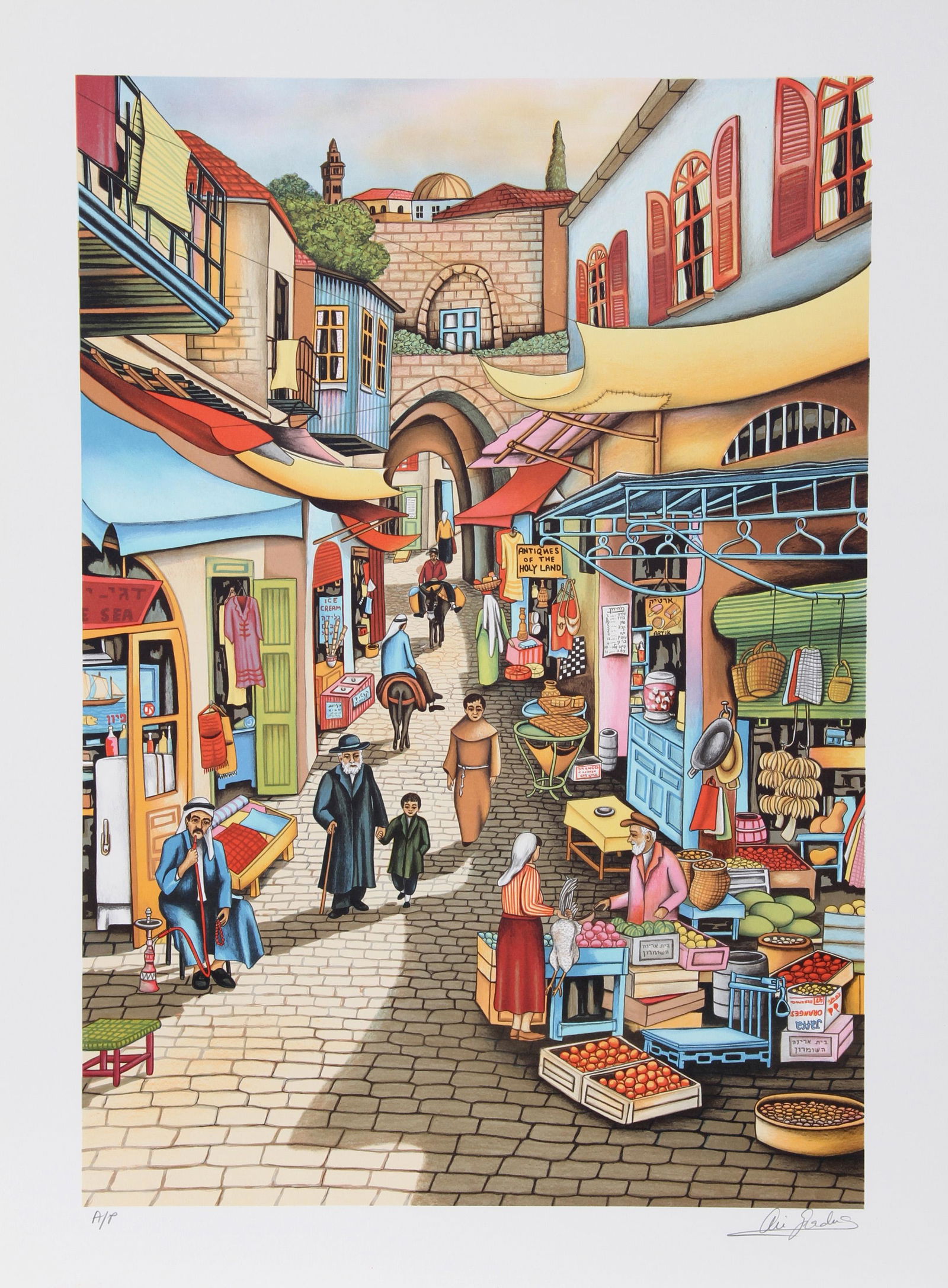 Ari Gradus, Old Jerusalem Market, Lithograph: Artist: Ari Gradus, Israeli (1943 - ) Title: Old Jerusalem Market Portfolio: Year: 1980 Medium: Lithograph, Signed and Numbered in Pencil Edition: AP Image Size: 26 x 18 inches Size: 30 in. x 22 in. (