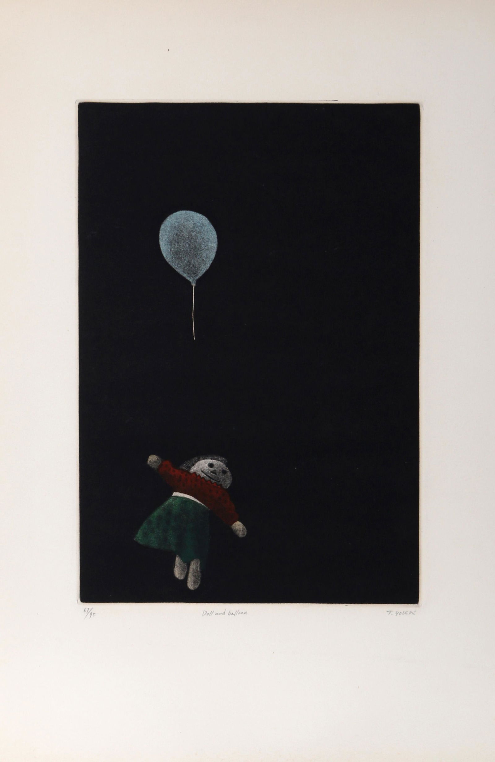 Tomoe Yokoi, Doll and Balloon, Mezzotint: Artist: Tomoe Yokoi, Japanese (1942 - ) Title: Doll and Balloon Portfolio: Year: Medium: Mezzotint, signed and numbered in pencil Edition: 67/95 Image Size: 13.5 x 9 inches Size: 22 x 15 in. (55.88 x