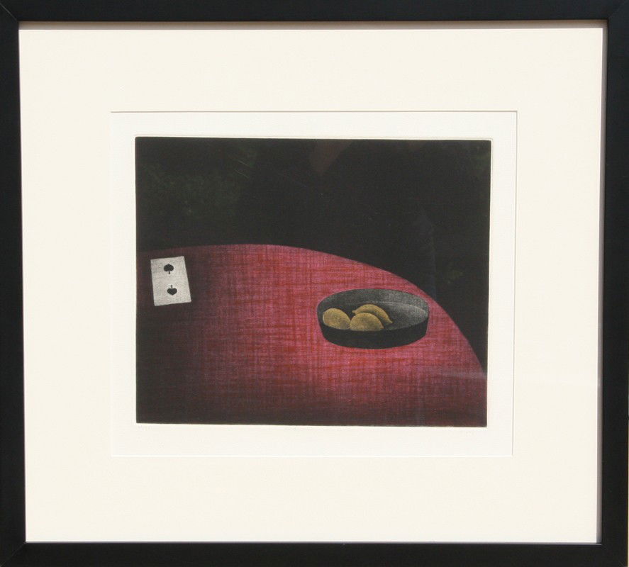 Tomoe Yokoi, On the Table, Mezzotint: Artist: Tomoe Yokoi, Japanese (1942 - ) Title: On the Table Year: 1975 Medium: Mezzotint on BFK Rives, Signed in Pencil Edition: 19/75 Image Size: 11 x 13 inches Size: 18 in. x 22 in. (45.72 cm x 55.8