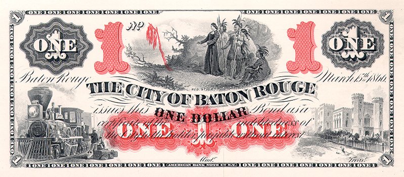 American Bank Note Commemoratives, Louisiana - One Dollar, 1994, Bank Note: Artist: American Bank Note Commemoratives Title: Louisiana - One Dollar Year: 1994 Medium: Bank Note (ABNC), Reproduction of American Currency Intaglio Etching Size: 3.5 in. x 8 in. (8.89 cm x 20.32 c