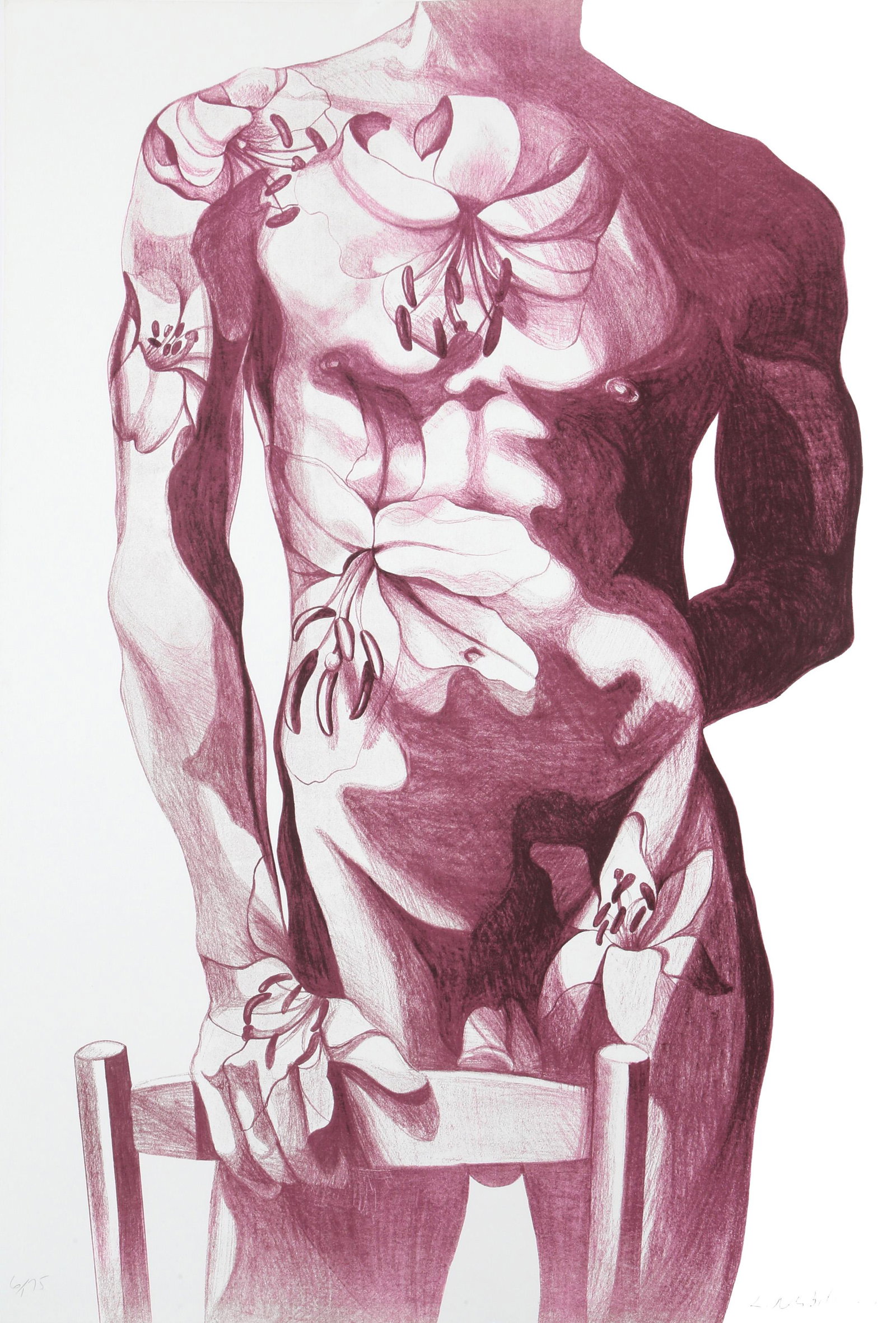 Lowell Blair Nesbitt, Male Nude 5, Lithograph: Artist: Lowell Blair Nesbitt, American (1933 - 1993) Title: Male Nude 5 Year: 1979 Medium: Lithograph, signed and numbered in pencil Edition: 175 Size: 44 x 30 in. (111.76 x 76.2 cm) Description: Lowe