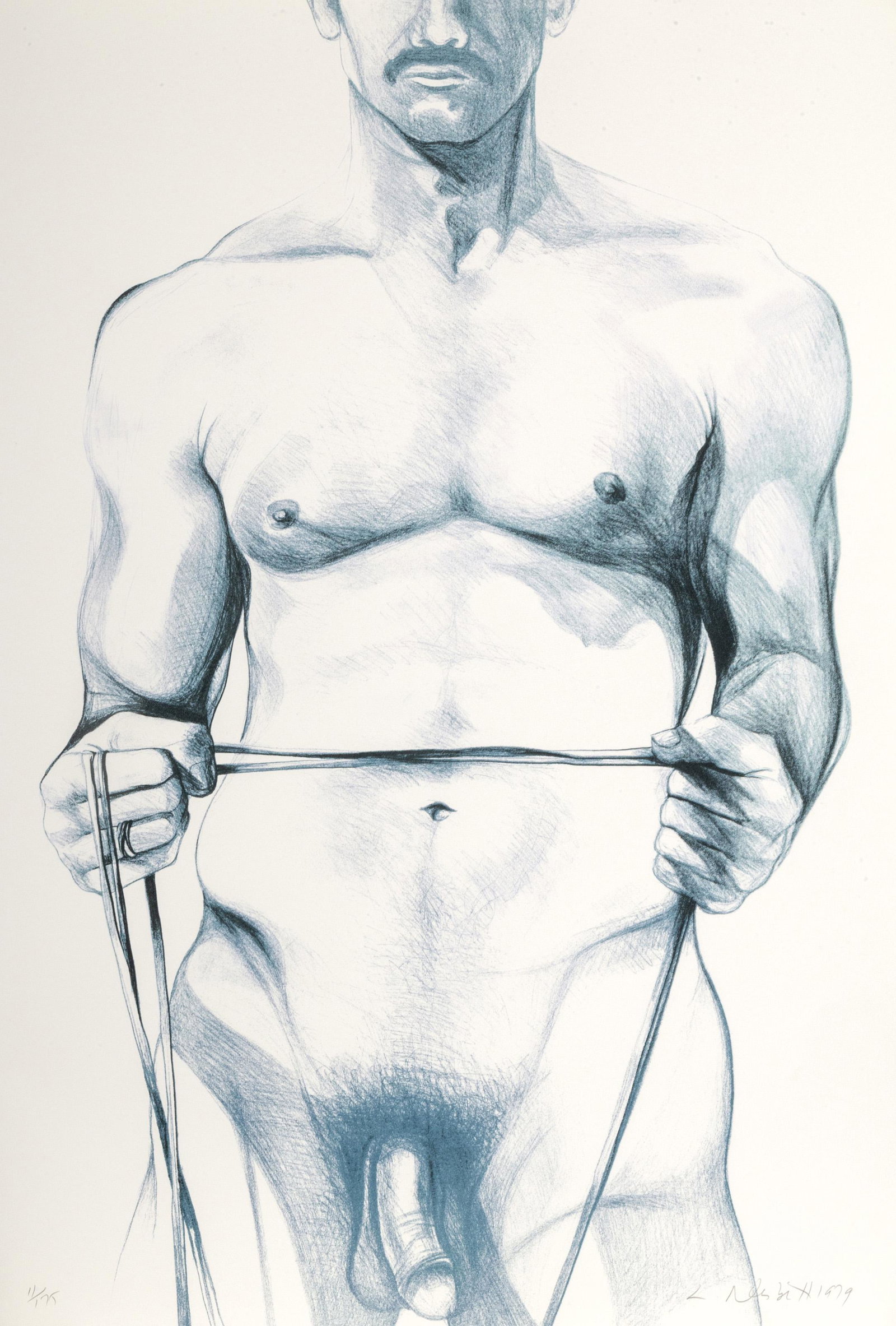 Lowell Blair Nesbitt, Male Nude 2, Lithograph: Artist: Lowell Blair Nesbitt, American (1933 - 1993) Title: Male Nude 2 Year: 1979 Medium: Lithograph, signed, numbered, and dated in pencil Edition: 175 (11/175, 50/175, 9/175) Size: 44 x 30 in. (111