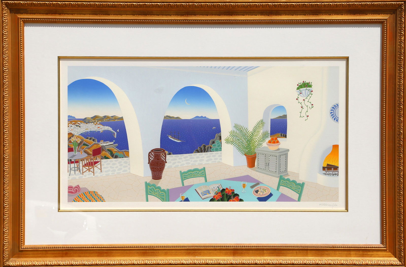 Thomas McKnight, Troulos Bay, Mykonos, Screenprint: Artist: Thomas McKnight, American (1941 - ) Title: Troulos Bay, Mykonos Medium: Screenprint, signed and numbered in pencil Edition: 162/200 Image Size: 18 x 35.5 inches Frame Size: 35 x 53 inches