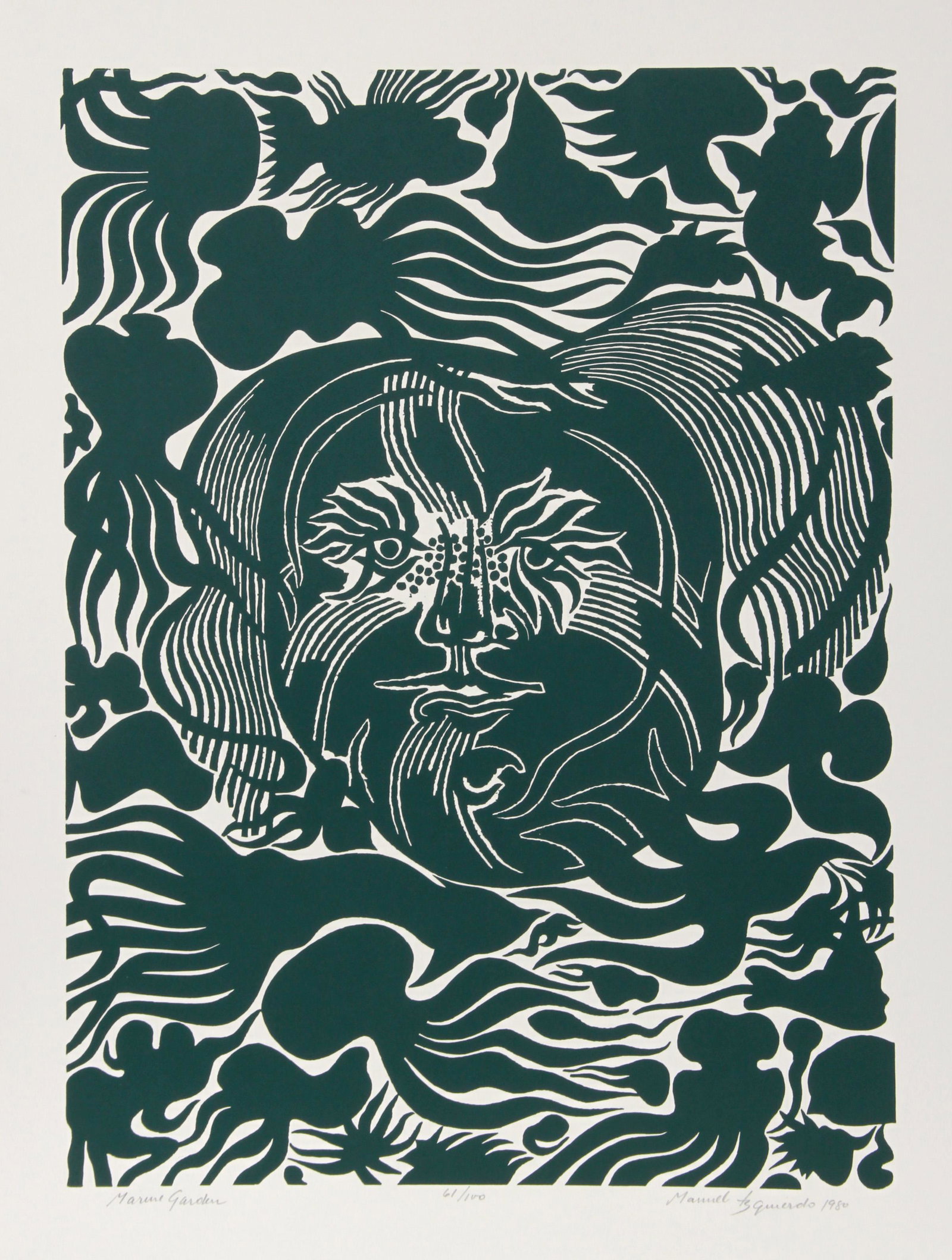 Manuel Izqueirdo, Marine Garden (Green), Woodcut: Artist: Manuel Izqueirdo, Spanish (1925 - 2009) Title: Marine Garden (Green) Year: 1980 Medium: Woodcut, signed and numbered in pencil Edition: 100 Image Size: 27 x 19.5 inches Size: 31 in. x 24 in. (