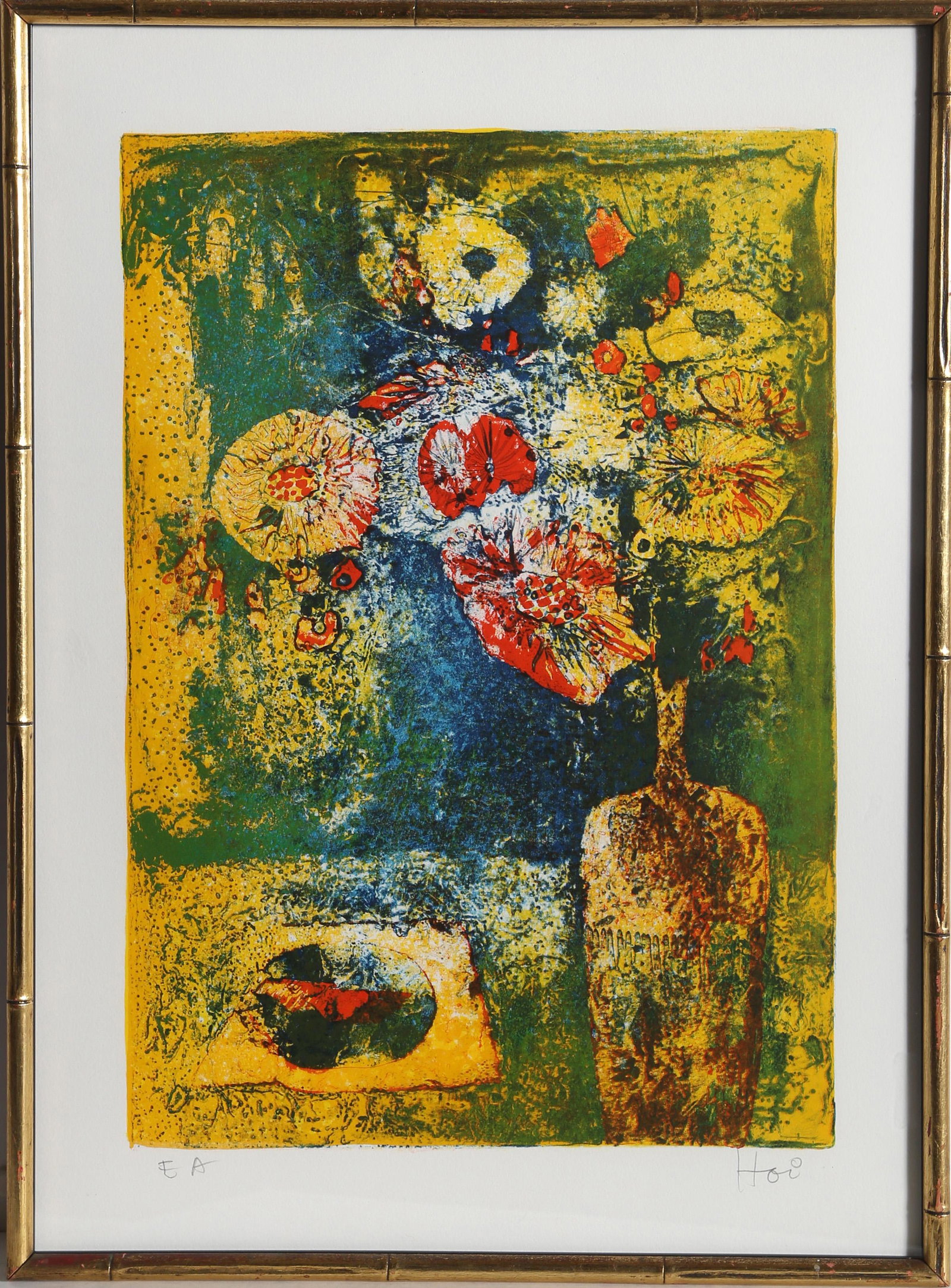 Lebadang (aka Hoi), Flowers on Table, Lithograph: Artist: Lebadang (aka Hoi), Vietnamese (1922 - 2015) Title: Flowers on Table Year: circa 1980 Medium: Lithograph, signed in pencil Edition: EA Image Size: 18 x 12.5 inches Frame Size: 23 x 16.5 inches