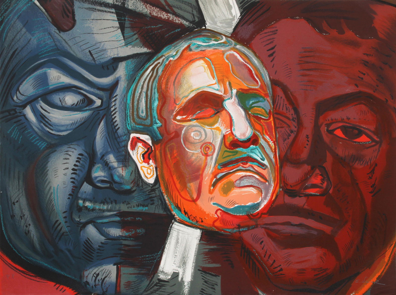 Ernst Neizvestny, Triple Self-Portrait, Lithograph (1 of 3)