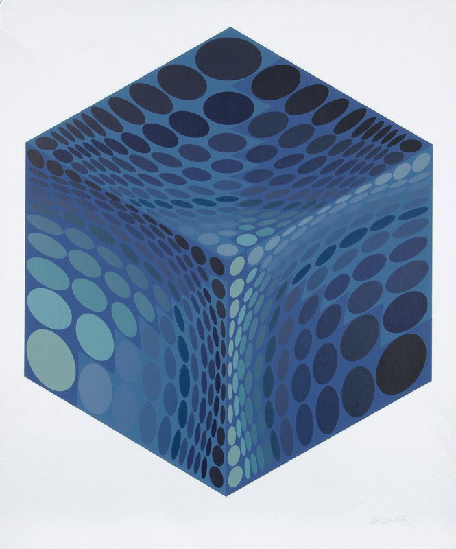Victor Vasarely, Parmenide (Blue and Silver), Seri: Artist: Victor Vasarely, Hungarian (1908 - 1997) Title: Parmenide (Blue and Silver) Year: circa 1970 Medium: Serigraph on Foil Paper, signed in ink l.r. Size: 26 in. x 21.5 in. (66.04 cm x 54.61 cm)