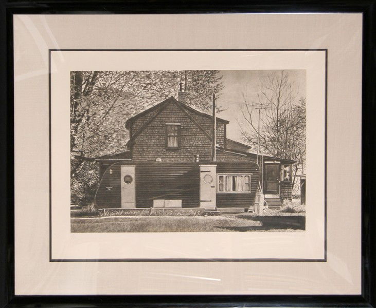 John Baeder, Untitled (House with Trailer), Etchin: Artist: John Baeder (1938 - ) Title: Untitled (House with Trailer) Year: 1979 Medium: Etching, signed and numbered in pencil Edition: 7/200 Image Size: 16 x 23.5 inches Size: 22 in. x 30 in. (55.88 cm