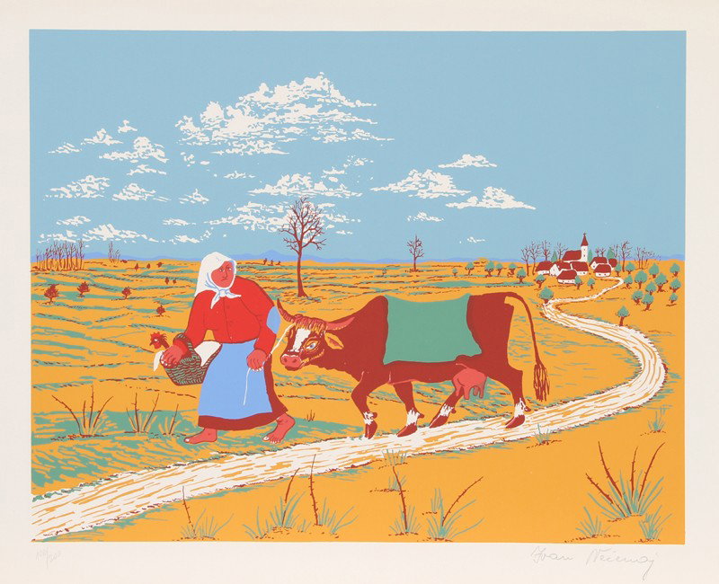 Ivan Vecenaj, Naivini, Silkscreen: Artist: Ivan Vecenaj, Croatian (1920 - ) Title: Naivini Year: 1970 Medium: Silkscreen, Signed and numbered in pencil Edition: 106/200 Size: 19.5 in. x 26 in. (49.53 cm x 66.04 cm)