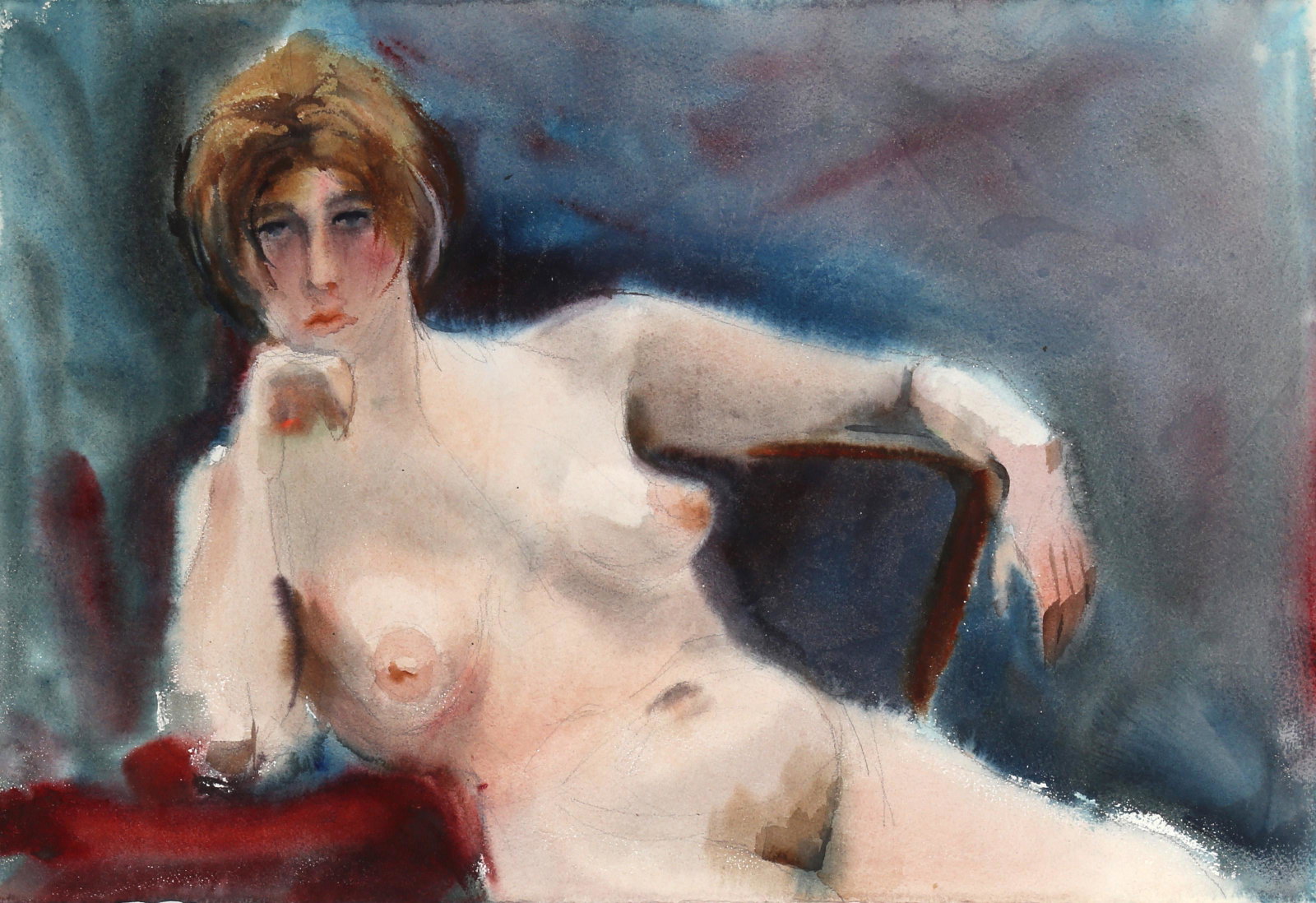 Eve Nethercott, Pensive Nude (P5.70), Watercolor on Paper: Artist: Eve Nethercott, American (1925 - 2015) Title: Pensive Nude (P5.70) Year: circa 1960 Medium: Watercolor on Paper Size: 15 x 22 in. (38.1 x 55.88 cm)