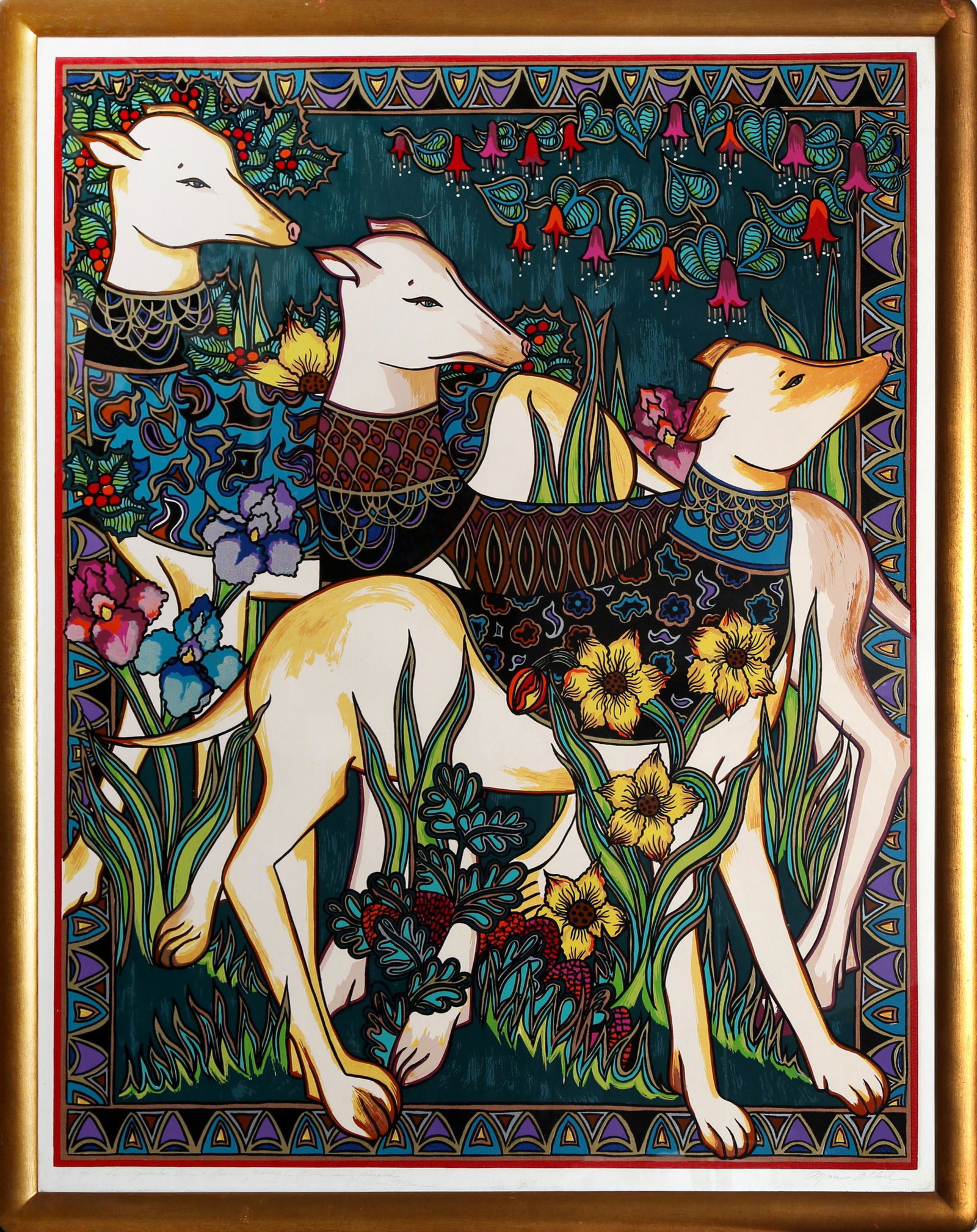 Mara Abboud, Persian Hounds, Screenprint, signed, numbered, and titledin pencil: Artist: Mara Abboud, American (1949 - ) Title: Persian Hounds Year: circa 1980 Medium: Screenprint, signed, numbered, and titledin pencil Edition: AP 10/15 Image Size: 43 x 34 inches Frame Size: 48 x