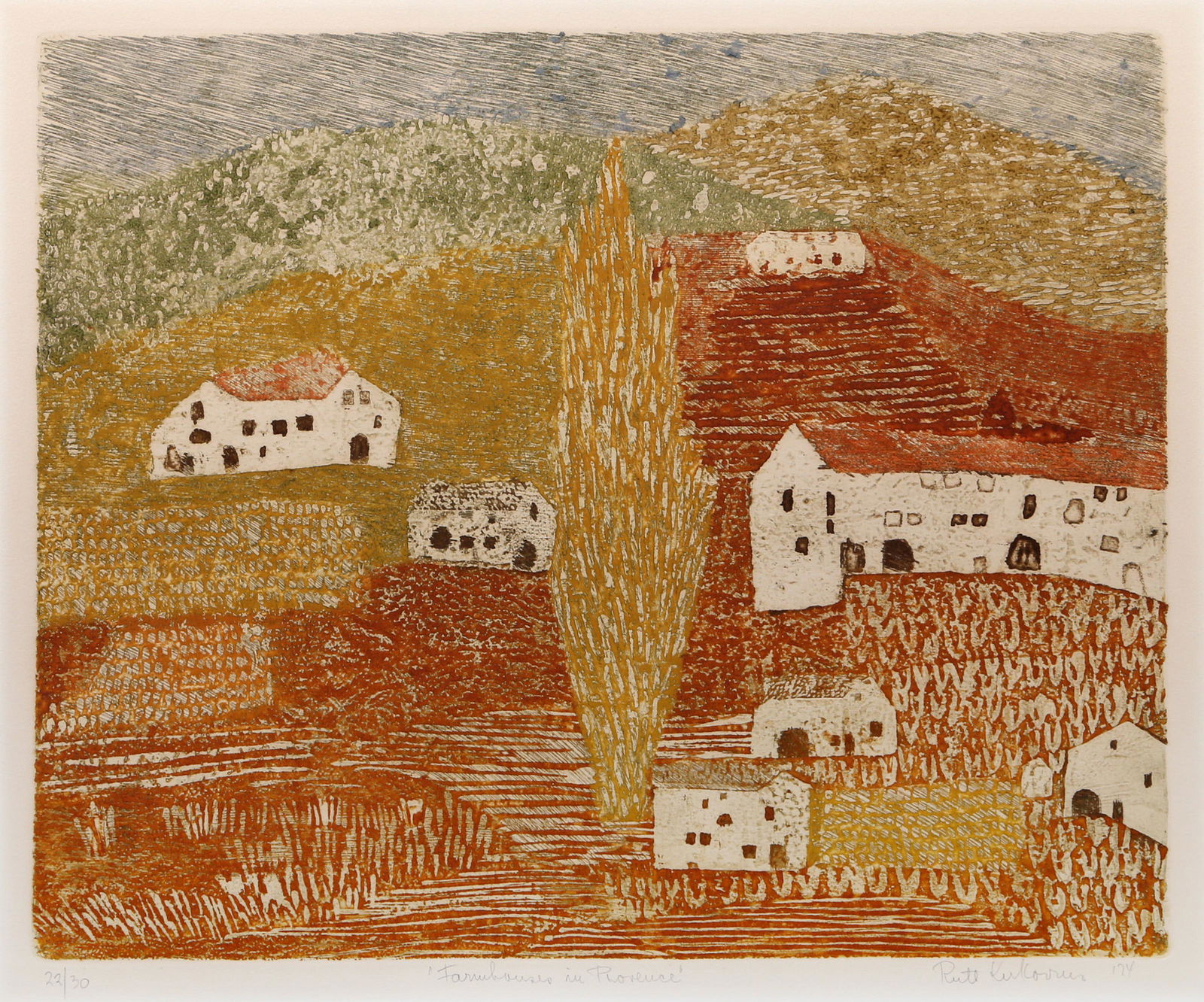 Ruth Kerkovius, Farmhouse in Provence, Etching, signed, numbered, and titled in pencil: Artist: Ruth Kerkovius, Latvian/American (1921 - 2007) Title: Farmhouse in Provence Year: 1974 Medium: Etching, signed, numbered, and titled in pencil Edition: 22/30 Image Size: 17.5 x 20.5 inches Siz