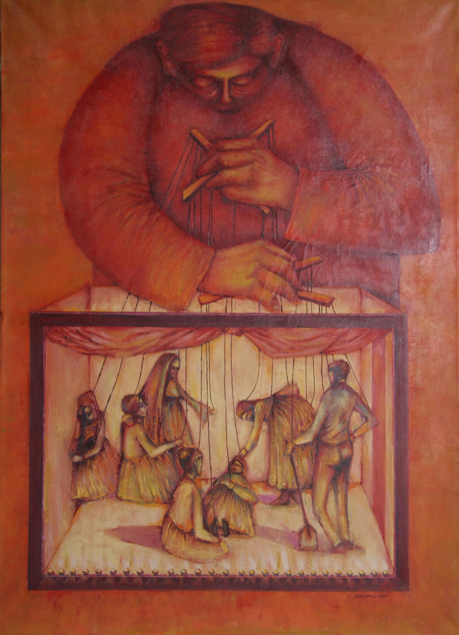 Rita Simon (aka Atirnomis), Marionettes, Oil on Canvas, signed 'Atirnomis' and dated l.r.: Artist: Rita Simon (aka Atirnomis), American (1938 - ) Title: Marionettes Year: 1964 Medium: Oil on Canvas, signed 'Atirnomis' and dated l.r. Size: 50 in. x 36 in. (127 cm x 91.44 cm)