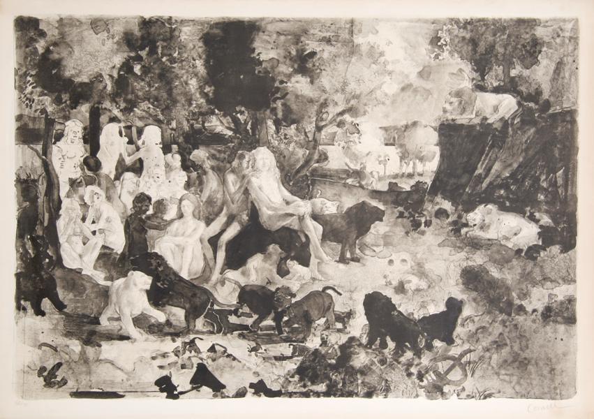 Thomas Cornell, Lions and People, Lithograph: Artist: Thomas Cornell, American (1937 - ) Title: Lions and People Year: circa 1970 Medium: Lithograph, signed and numbered in pencil Edition: 62/70 Size: 30 in. x 42 in. (76.2 cm x 106.68 cm)