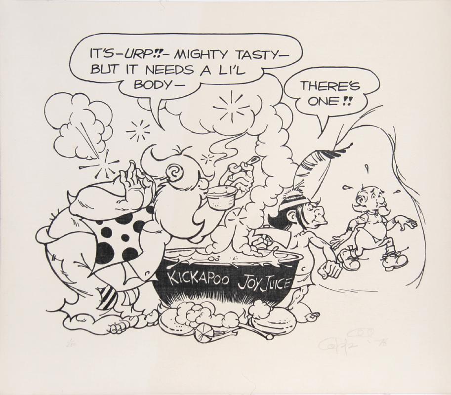 Al Capp, Kickapoo Joyjuice, Screenprint on Canvas: Artist: Al Capp, American (1909 - 1979) Title: Kickapoo Joyjuice Year: 1975 Medium: Screenprint on Canvas, signed and numbered in pencil Edition: 1/250 Size: 24 in. x 28 in. (60.96 cm x 71.12 cm)