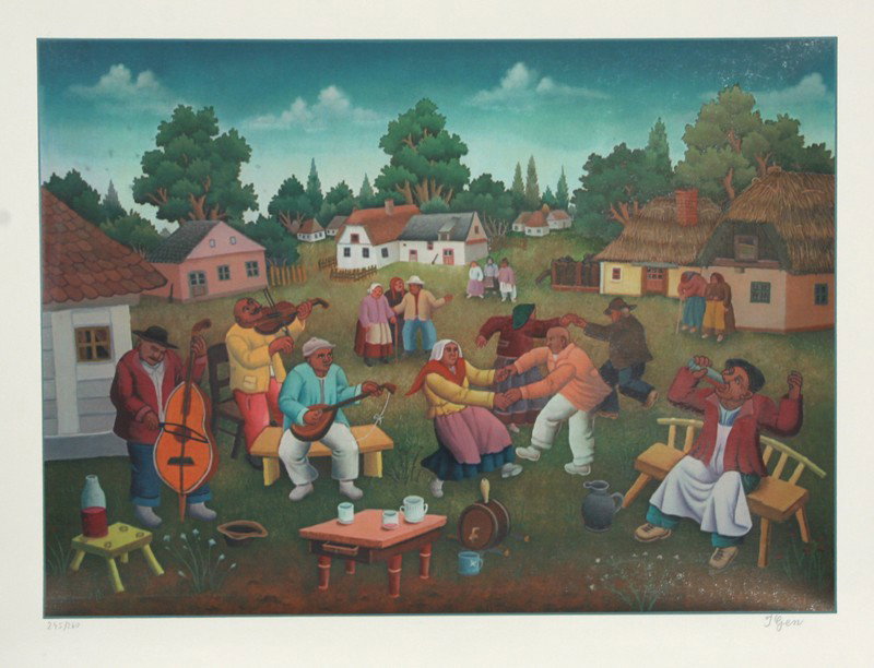 Ivan Generalic, Village Dance, Serigraph: Artist: Ivan Generalic, Croatian (1914 - 1992) Title: Untitled - Village Dance Medium: Serigraph, signed and numbered in pencil Edition: 260 Size: 23 in. x 29 in. (58.42 cm x 73.66 cm)