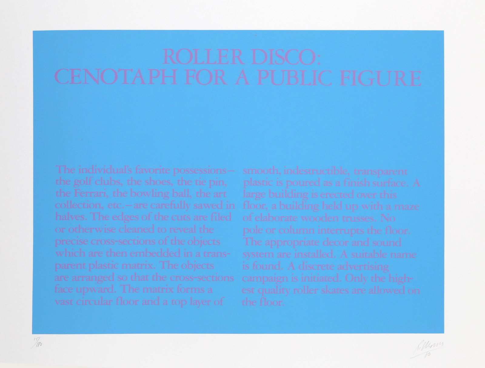 Robert Morris, Roller Disco: Cenotaph for A Public Figure, Screenprint: Artist: Robert Morris, American (1931 - 2018) Title: Roller Disco: Cenotaph for A Public Figure Year: 1980 Medium: Screenprint, Signed and numbered in pencil Edition: 180 Size: 26 in. x 32 in. (66.04