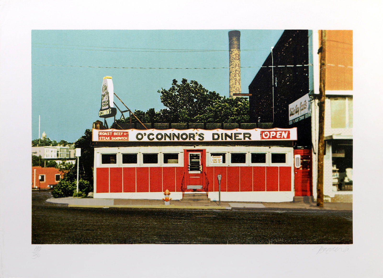 John Baeder, O'Connor's Diner, Screenprint: Artist: John Baeder, American (1938 - ) Title: O'Connor's Diner Year: circa 1980 Medium: Screenprint, signed and numbered in pencil Edition: 250 Size: 22 in. x 30 in. (55.88 cm x 76.2 cm) Description:
