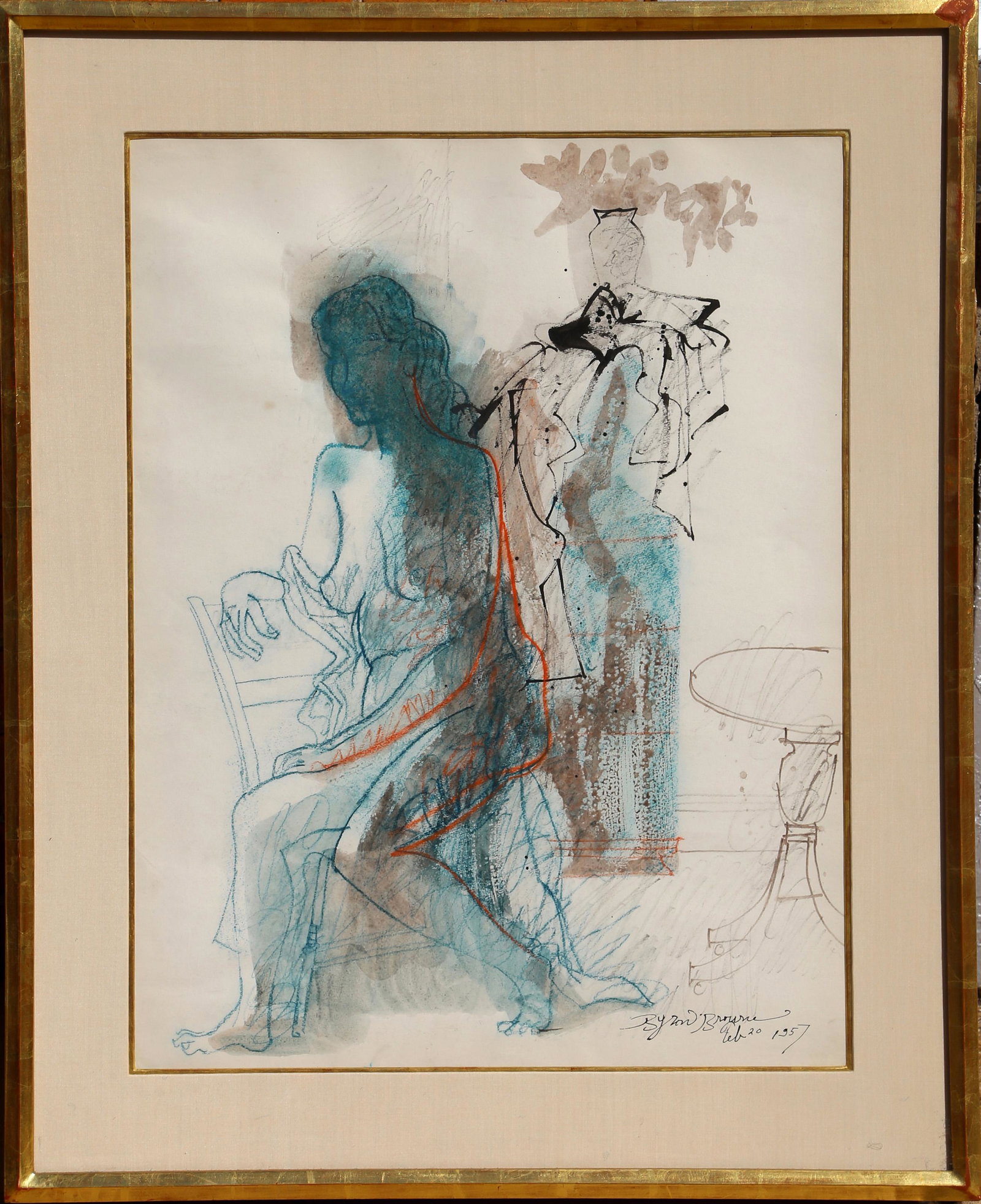 Byron Browne, Seated Nude, Pastel and Watercolor on Paper: Artist: Byron Browne, American (1907 - 1961) Title: Seated Nude Year: 1957 Medium: Pastel and Watercolor on Paper, signed and dated l.r. Image Size: 25.5 x 19.5 inches Frame Size: 32.5 x 26.5 inches