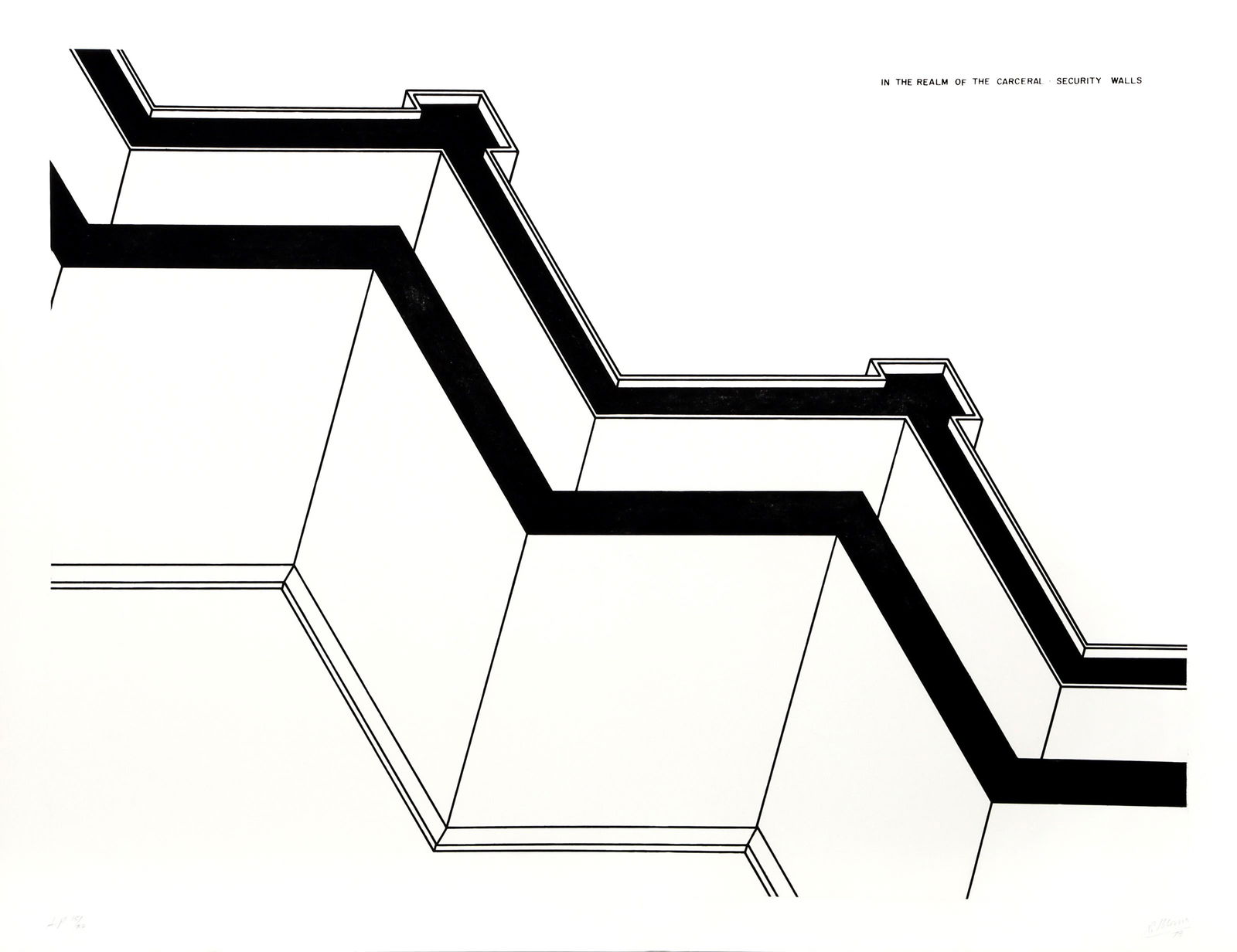 Robert Morris, Security Walls from In the Realm of the Carceral, Aquatint Etching: Artist: Robert Morris, American (1931 - 2018) Title: Security Walls from In the Realm of the Carceral Year: 1979 Medium: Aquatint Etching, Signed and numbered in pencil Edition: 150 Size: 37 in. x 48