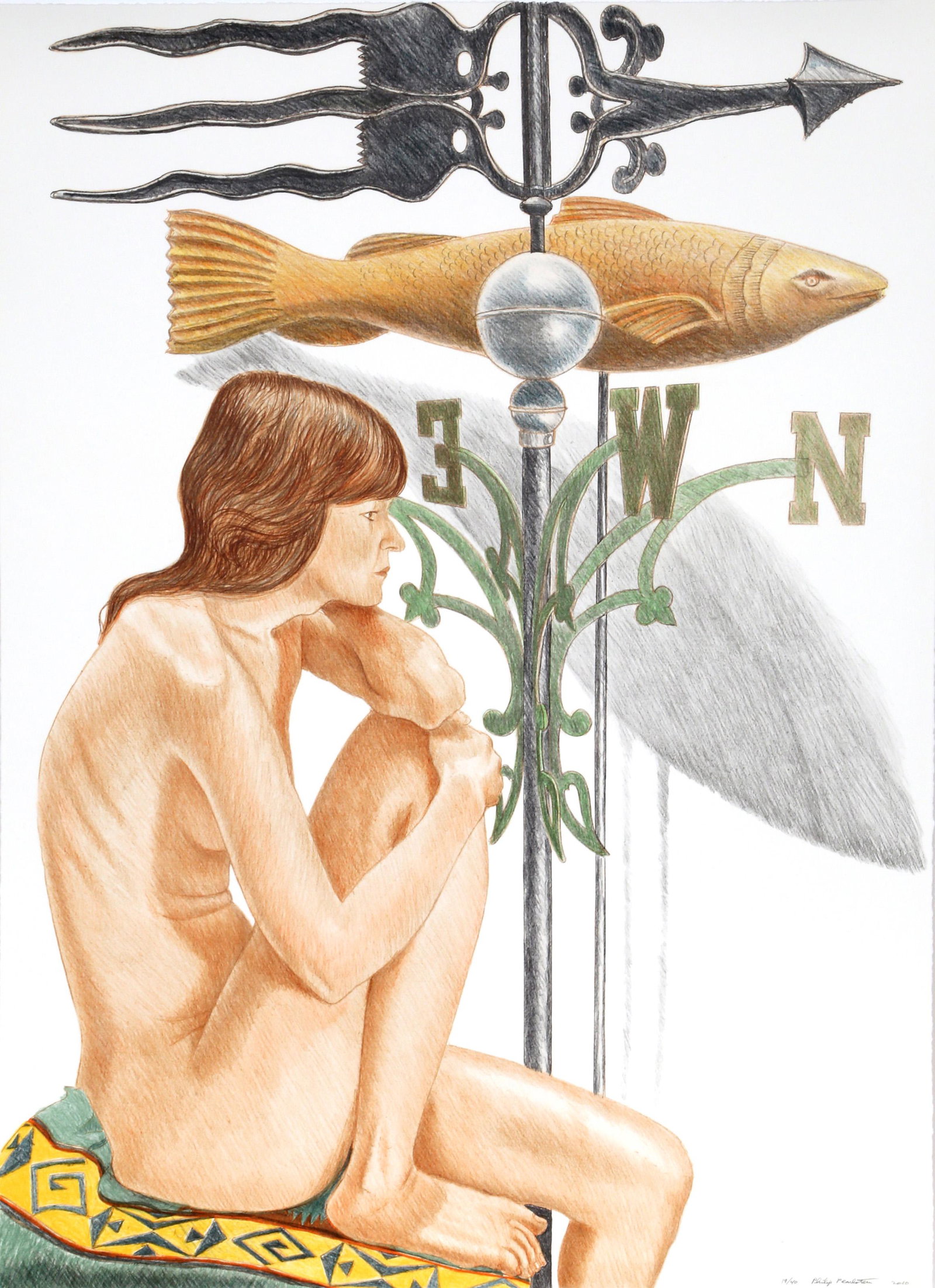 Philip Pearlstein, Nude Model with Banner and Fish Weathervanes, Lithograph: Artist: Philip Pearlstein, American (1924 – 2022) Title: Nude Model with Banner and Fish Weathervanes Year: 2010 Medium: Lithograph, signed and numbered in pencil Edition: 40 Size: 34.5 x 25 in. (87
