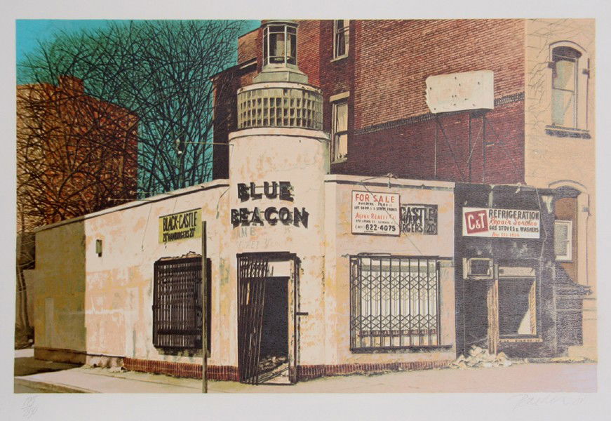 John Baeder, Blue Beacon, Serigraph: Artist: John Baeder (1938 - ) Title: Blue Beacon Year: 1980 Medium: Serigraph on Somerset Paper, signed and numbered in pencil Edition: 250 Size: 22 in. x 30 in. (55.88 cm x 76.2 cm)