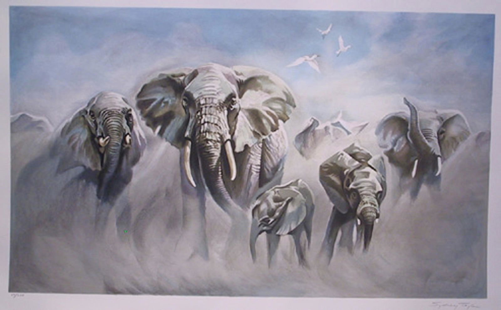 Sydney Taylor, Dusty Elephants, Lithograph: Artist: Sydney Taylor, American Title: Dusty Elephants Year: 1983 Medium: Lithograph, signed and numbered in pencil Edition: 200 Size: 21 x 29 in. (53.34 x 73.66 cm) Description: Stampeding through th