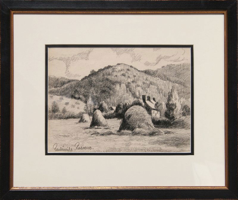 Paul Emile Pissarro, Haystacks by a Cottage, Charco: Artist: Paul Emile Pissarro, French (1884 - 1972) Title: Haystacks by a Cottage Year: circa 1940 Medium: Charcoal on Paper, Signed l.l. Size: 9 in. x 12 in. (22.86 cm x 30.48 cm) Frame Size: 17 x 20.5