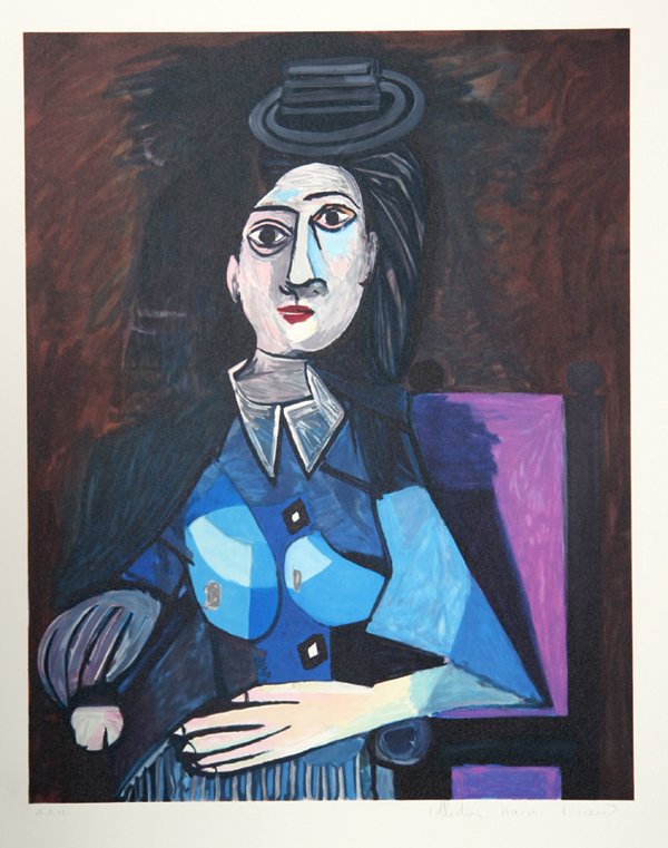 Pablo Picasso, Femme Au Petit chapeau Rond, Assise: Artist: Pablo Picasso, Spanish (1881 - 1973) Title: Femme Au Petit chapeau Rond, Assise (Dora Maar) Year of Original: 1942 Medium: Lithograph on Arches Paper Edition: 500, 34 AP's Size: 29 in. x 22 in