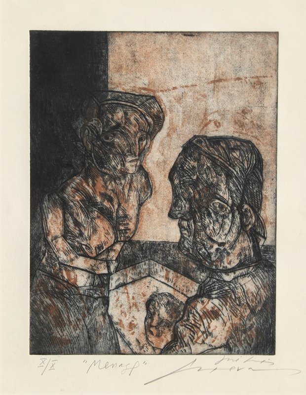 Jose Luis Cuevas, Menage, Aquatint Etching: Artist: Jose Luis Cuevas, Mexican (1934 - ) Title: Menage Medium: Aquatint Etching, signed, titled and numbered in pencil Edition: X/X Image Size: 15 x 11.5 inches Size: