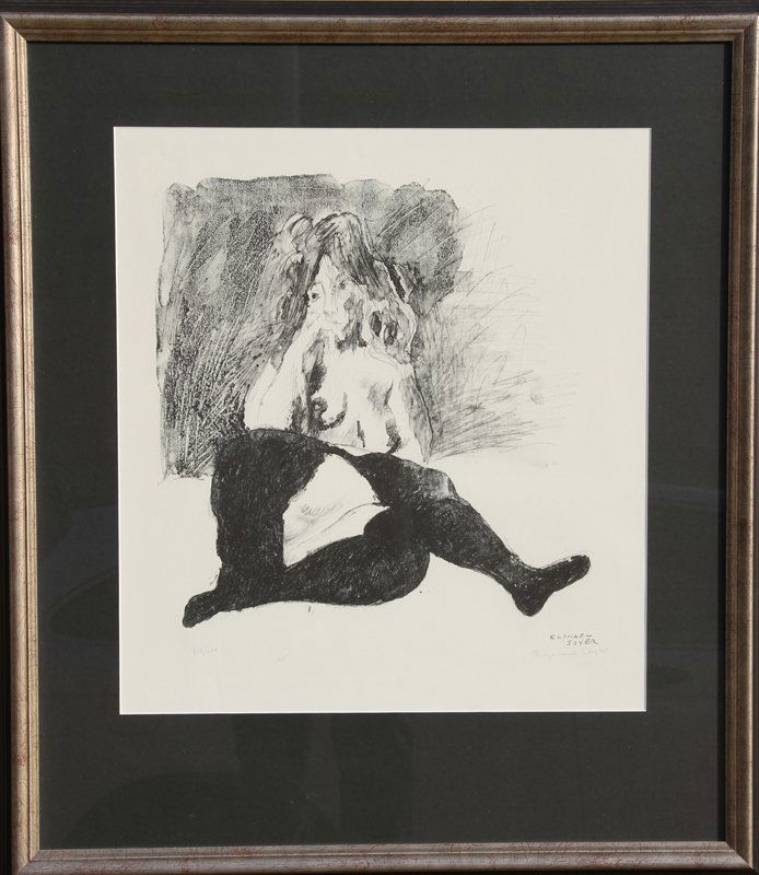 Raphael Soyer, Nude in Tights, Lithograph: Artist: Raphael Soyer, American (1899 - 1987) Title: Nude in Tights Year: circa 1965 Medium: Lithograph, signed and numbered in pencil Edition: 34/100 Image Size: 22.5 x 19 inches Frame Size: 33 x 28.