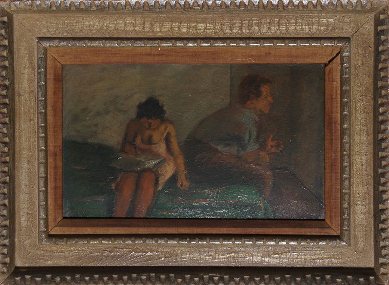 Raphael Soyer, Couple on Bed, Oil Painting: Artist: Raphael Soyer, American (1899 - 1987) Title: Couple on Bed Year: circa 1930 Medium: Oil on Board, signed l.r. Size: 8 in. x 13.75 in. (20.32 cm x 34.93 cm) Frame Size: 14 x 19 inches