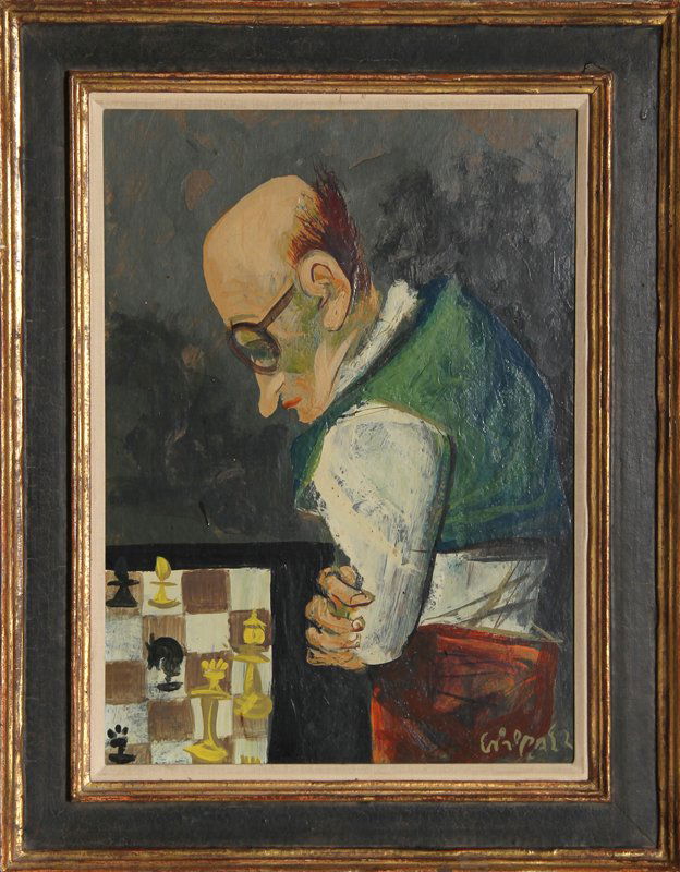 William Gropper, Chess Player, Oil Painting: Artist: William Gropper, American (1897 - 1977) Title: Chess Player Year: circa 1950 Medium: Oil on Masonite, signed l.r. Size: 15 in. x 11 in. (38.1 cm x 27.94 cm) Frame Size: 19 x 14.5 inches